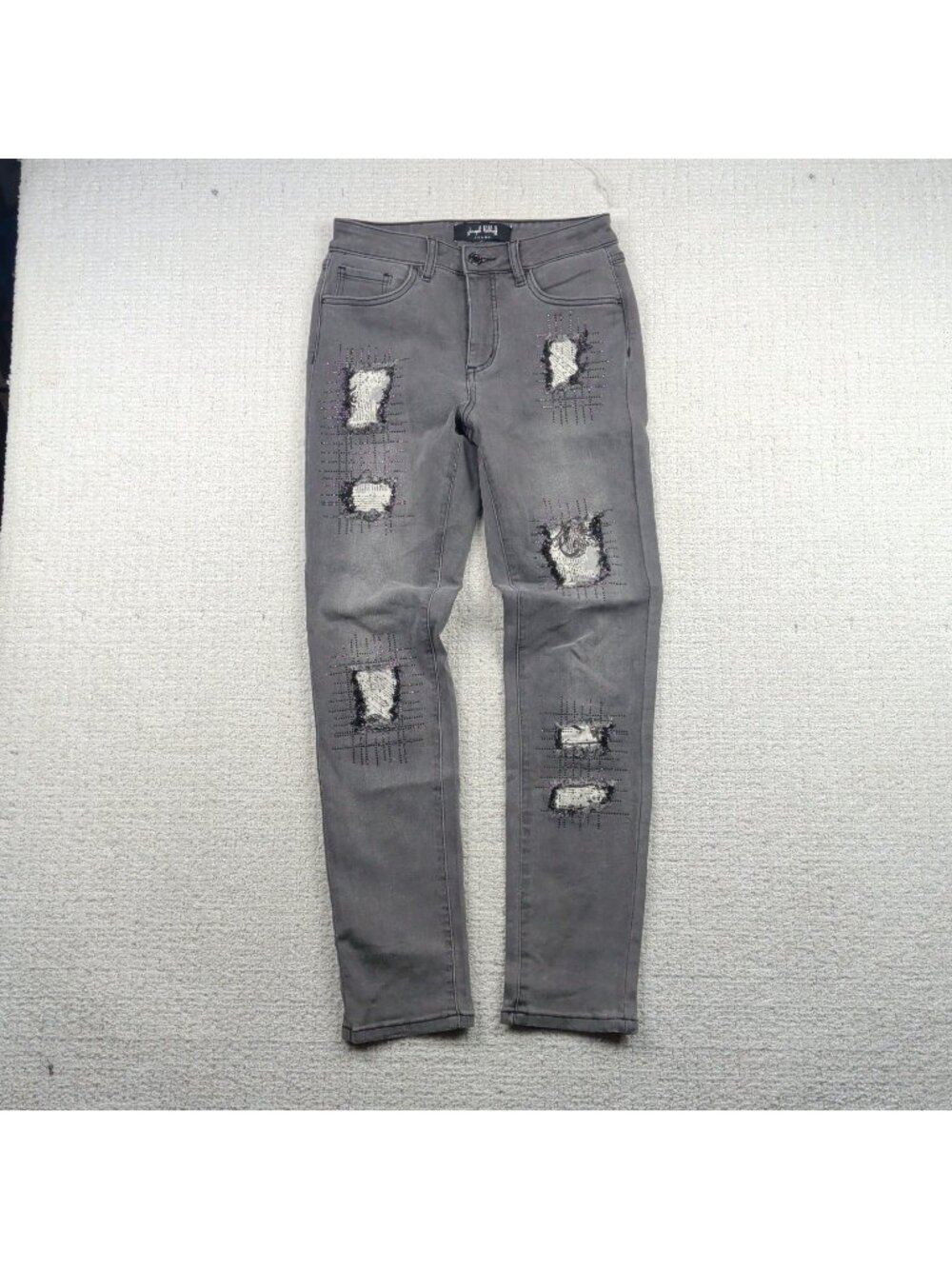 Joseph Ribkoff Dark Gray Distressed Patchwork Rhinestone Jeans Grunge Alt Read